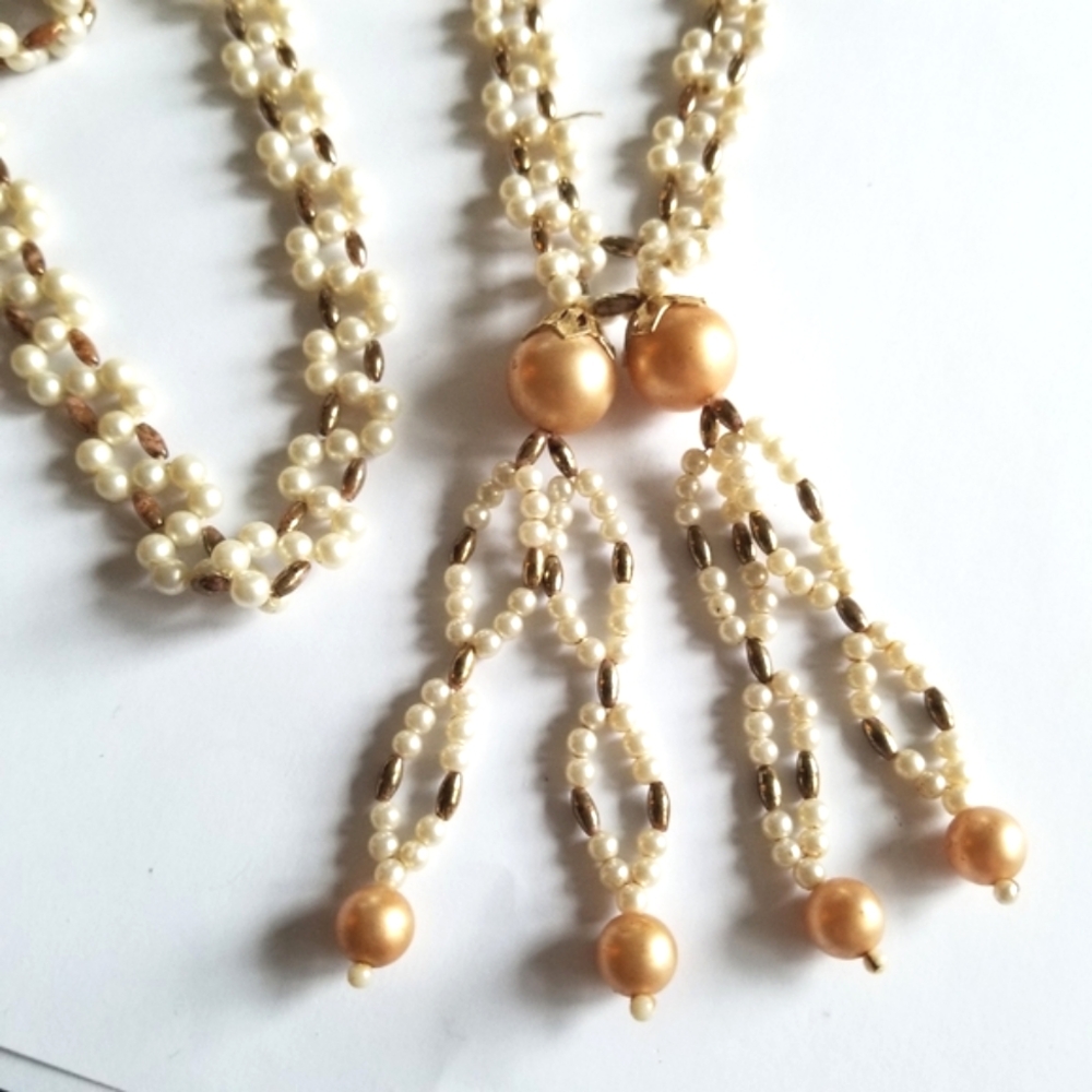 Vintage necklace handmade beaded tassel faux pearls ivory white tan brown